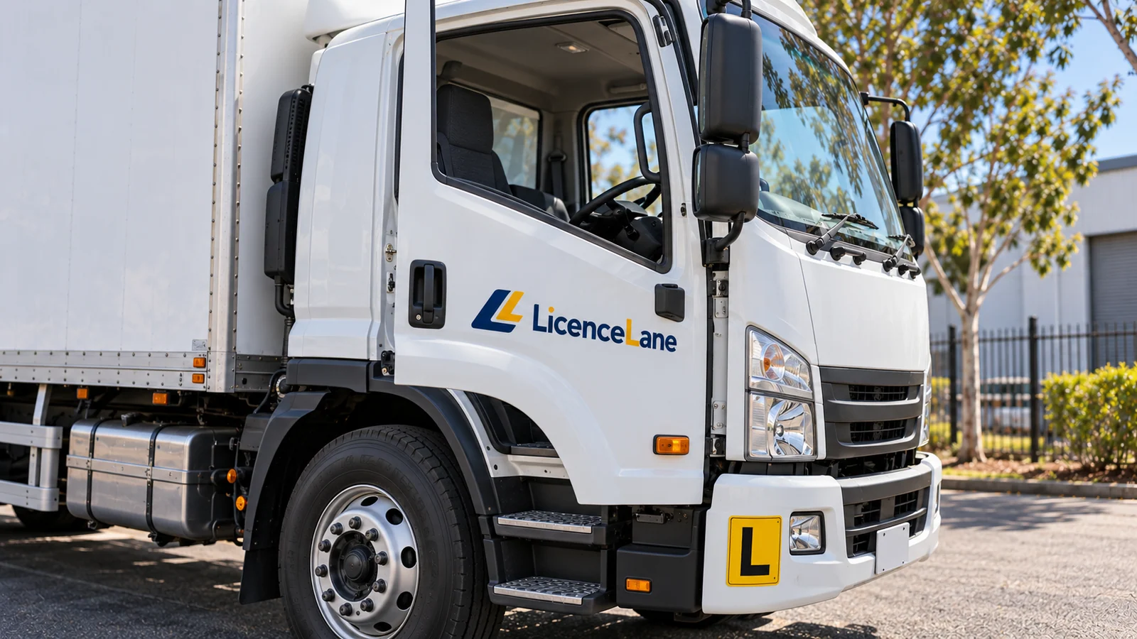 A white right-hand-drive truck with its driver door open and LicenceLane branding on the exterior.