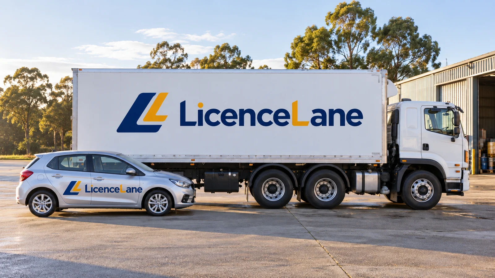 A silver hatchback parked beside a large rigid truck, both carrying LicenceLane logos.