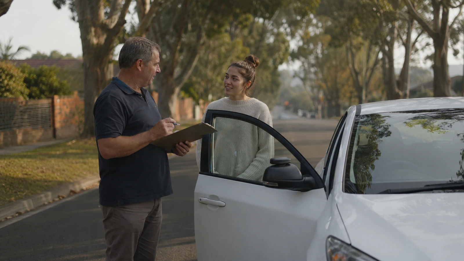 A learner driver and instructor talking beside a dual-control car before a lesson