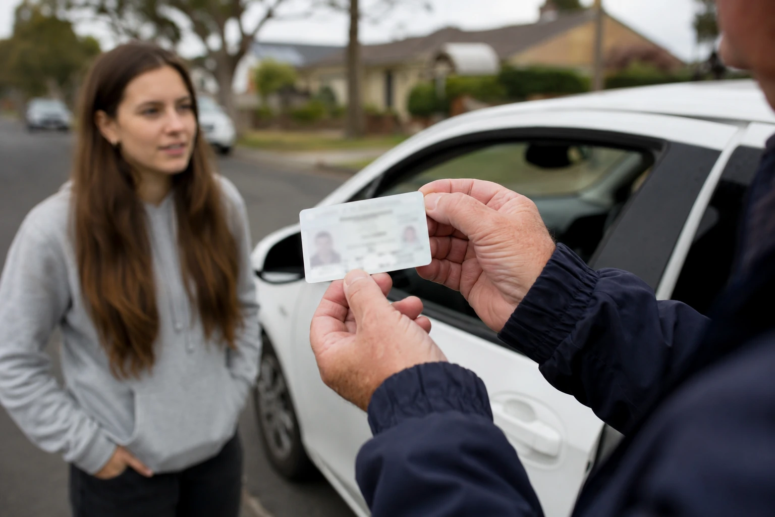 A driving instructor showing an accreditation card to a learner beside a training car