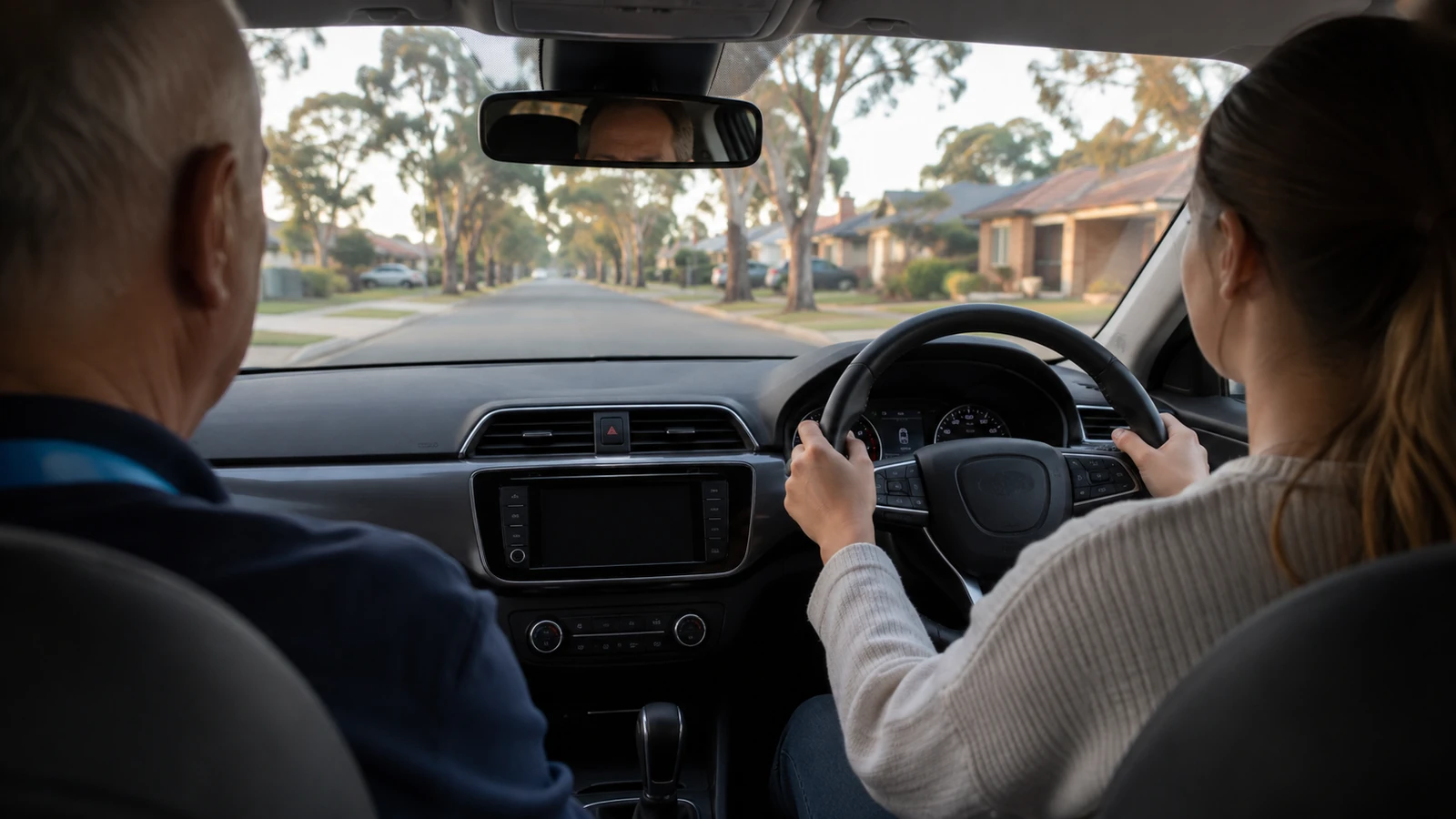 A learner driver at the wheel with an instructor watching from the passenger seat on a suburban street
