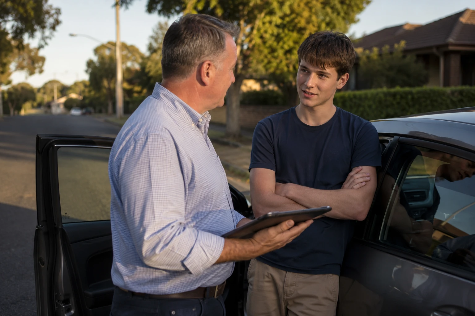 A driving instructor holding a tablet talking with a learner beside a parked car after a lesson