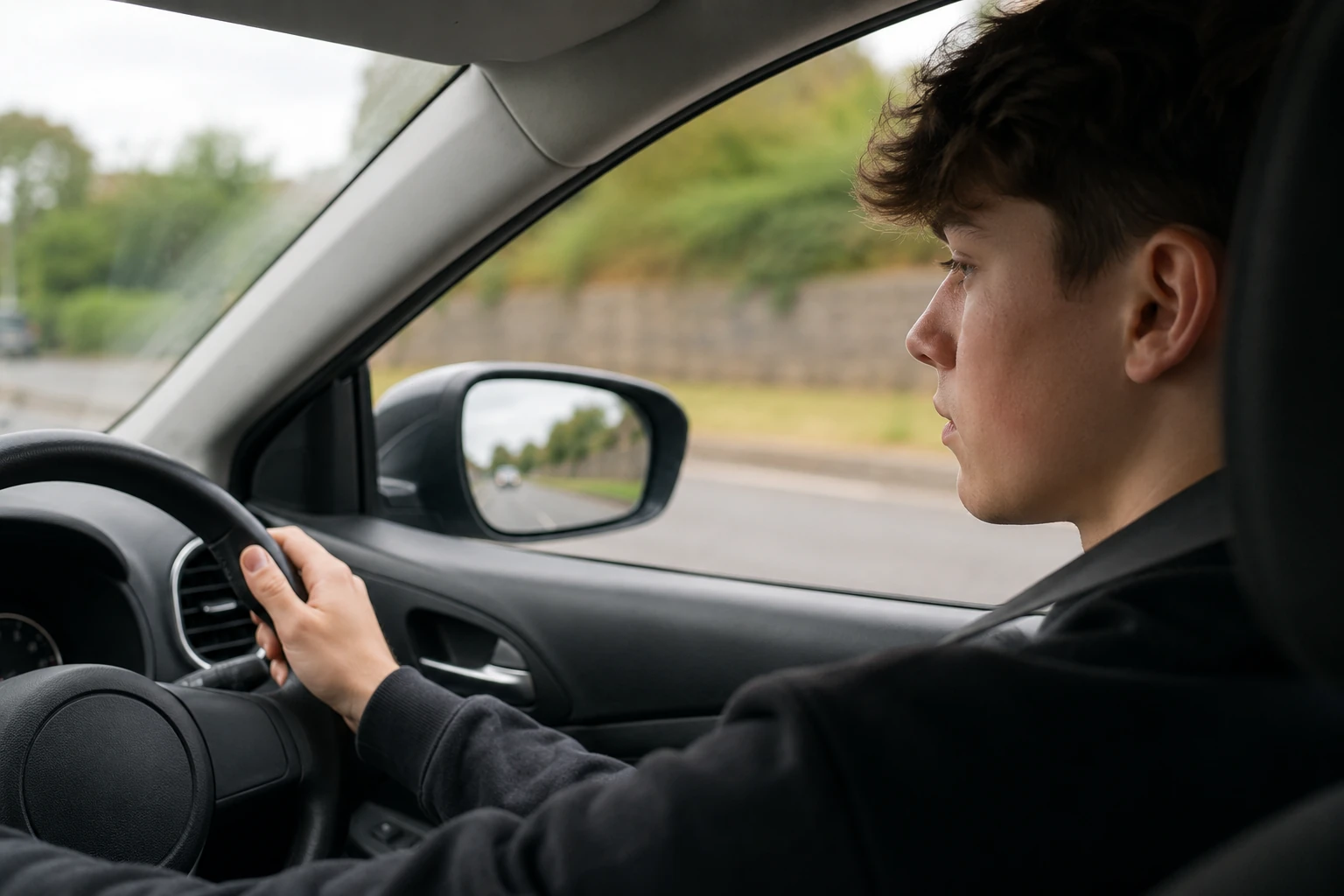 A learner driver turning to check the door mirror during a lesson, seen from the back seat of the car