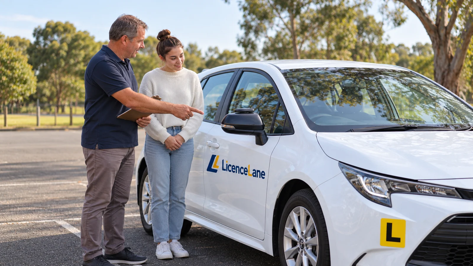 An instructor and learner check an exterior mirror beside a LicenceLane-branded car.