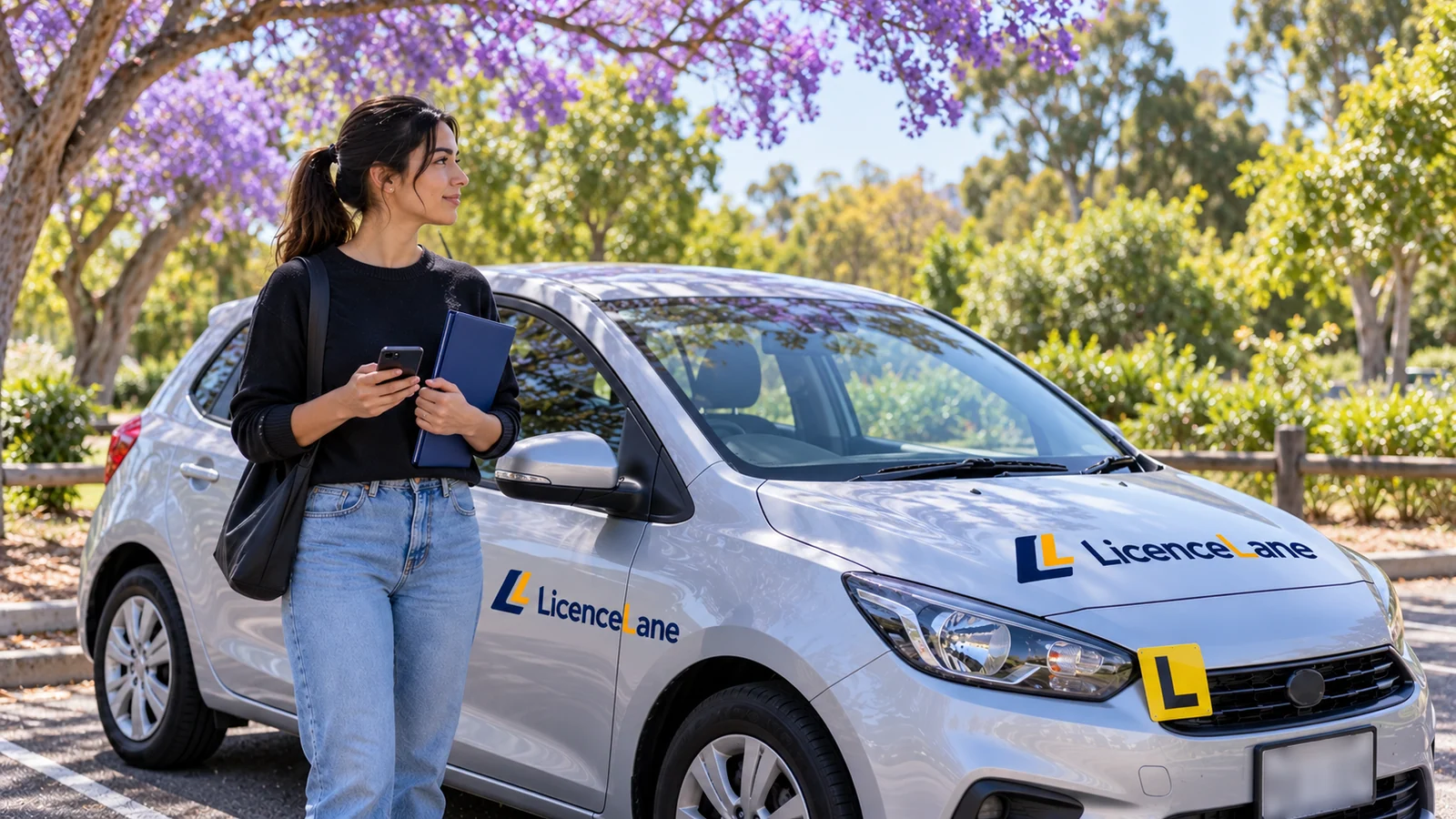 A learner holding a folder and phone stands beside a LicenceLane-branded car under a flowering tree.