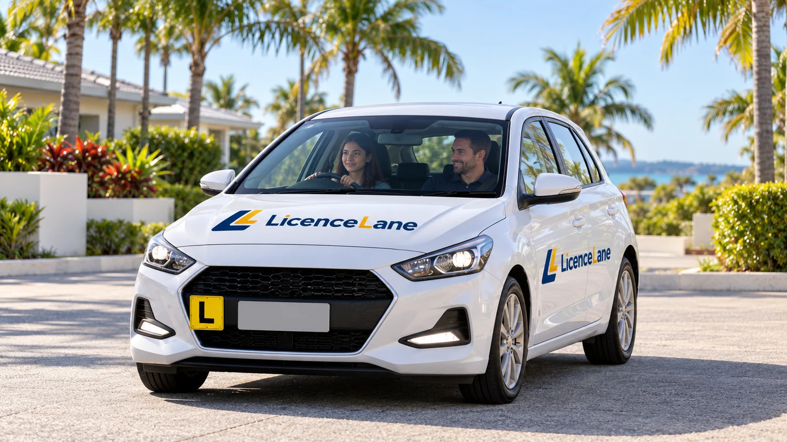 A learner and instructor sit in a parked white LicenceLane-branded car on a palm-lined forecourt.