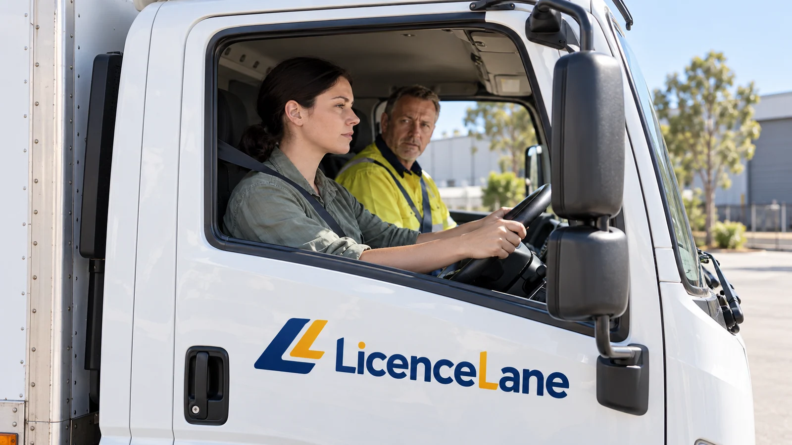 A learner and instructor sit in a stationary truck with LicenceLane branding on the door.