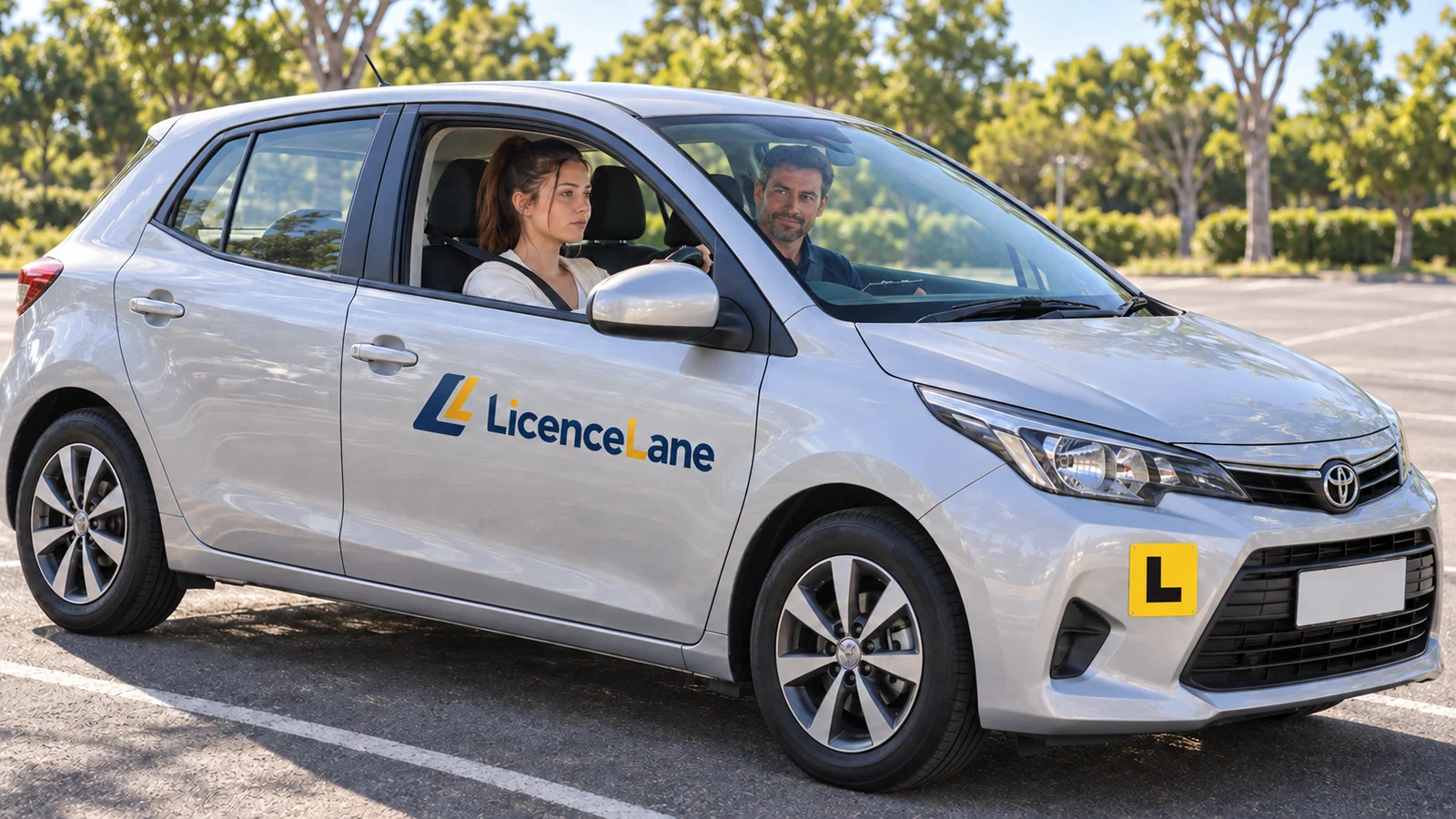 A learner and instructor discuss a lesson in a stationary silver car with a LicenceLane door logo.