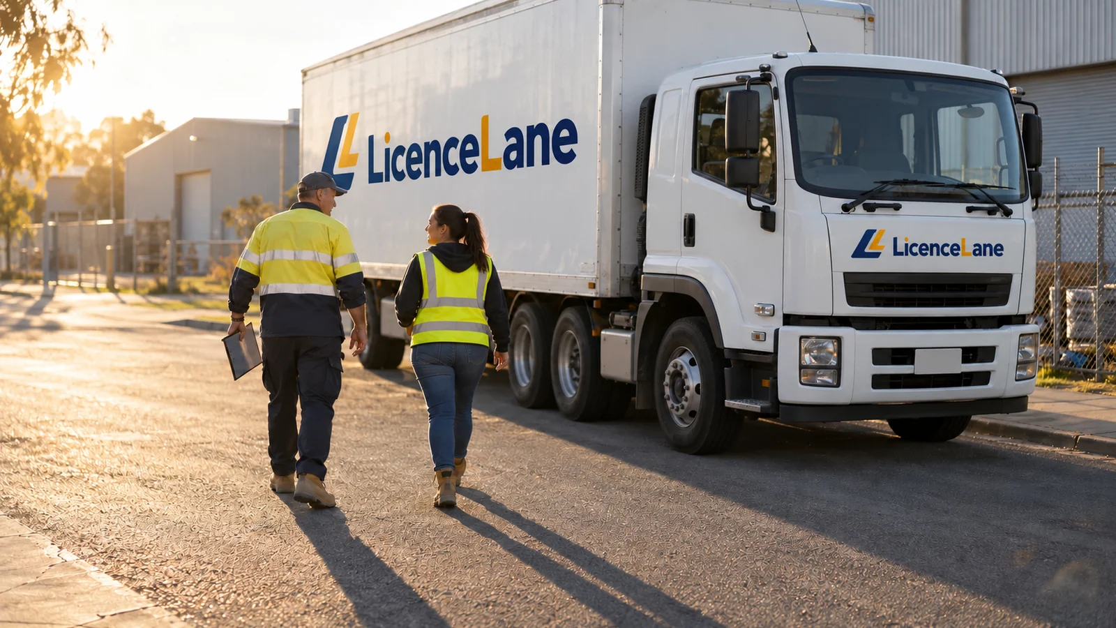 Two people in high-visibility clothing walk beside a parked LicenceLane-branded rigid truck.