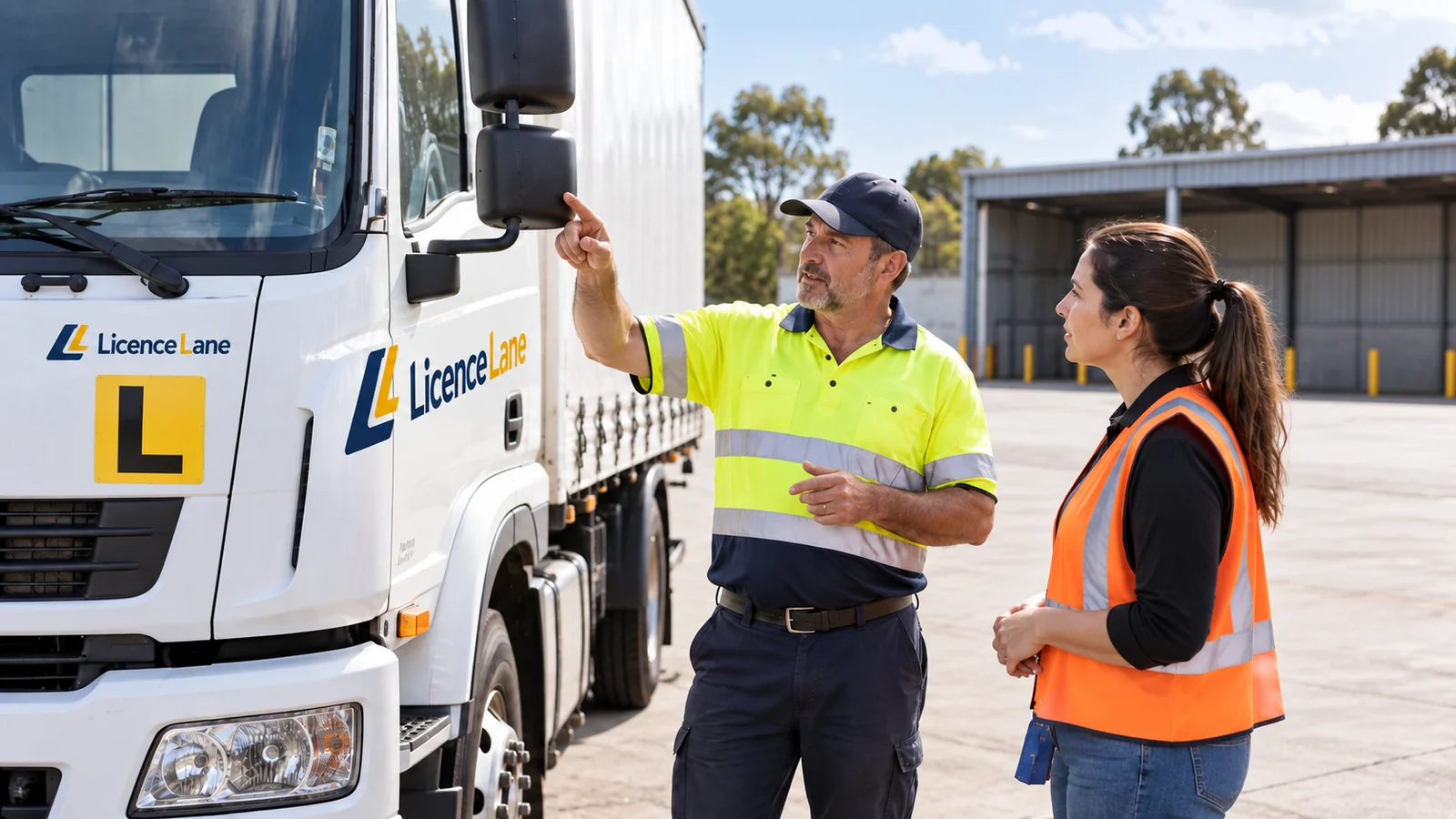 An instructor explains a truck mirror to a learner beside a LicenceLane-branded truck.
