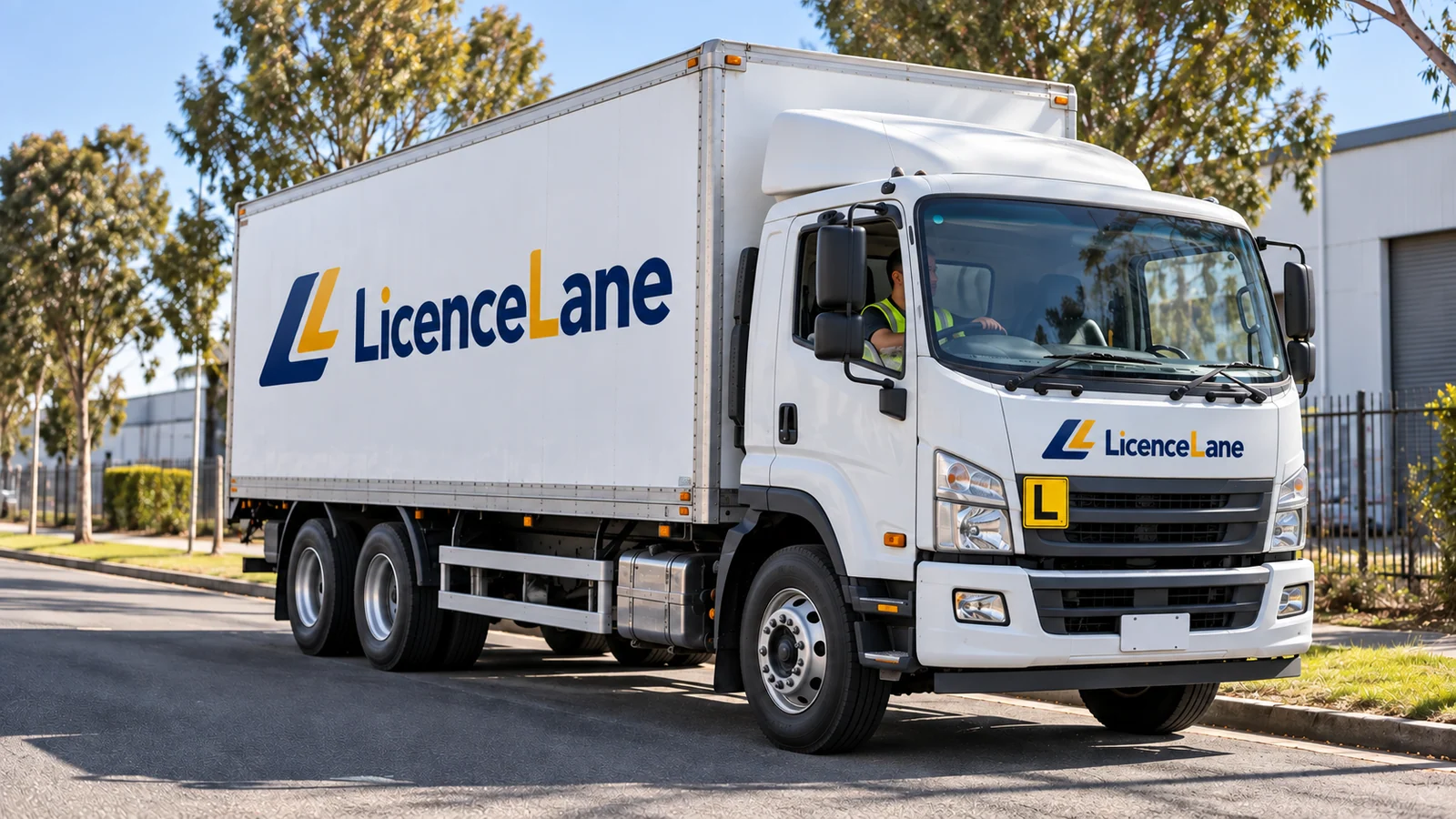 A three-axle white rigid truck with LicenceLane branding and a yellow learner plate.