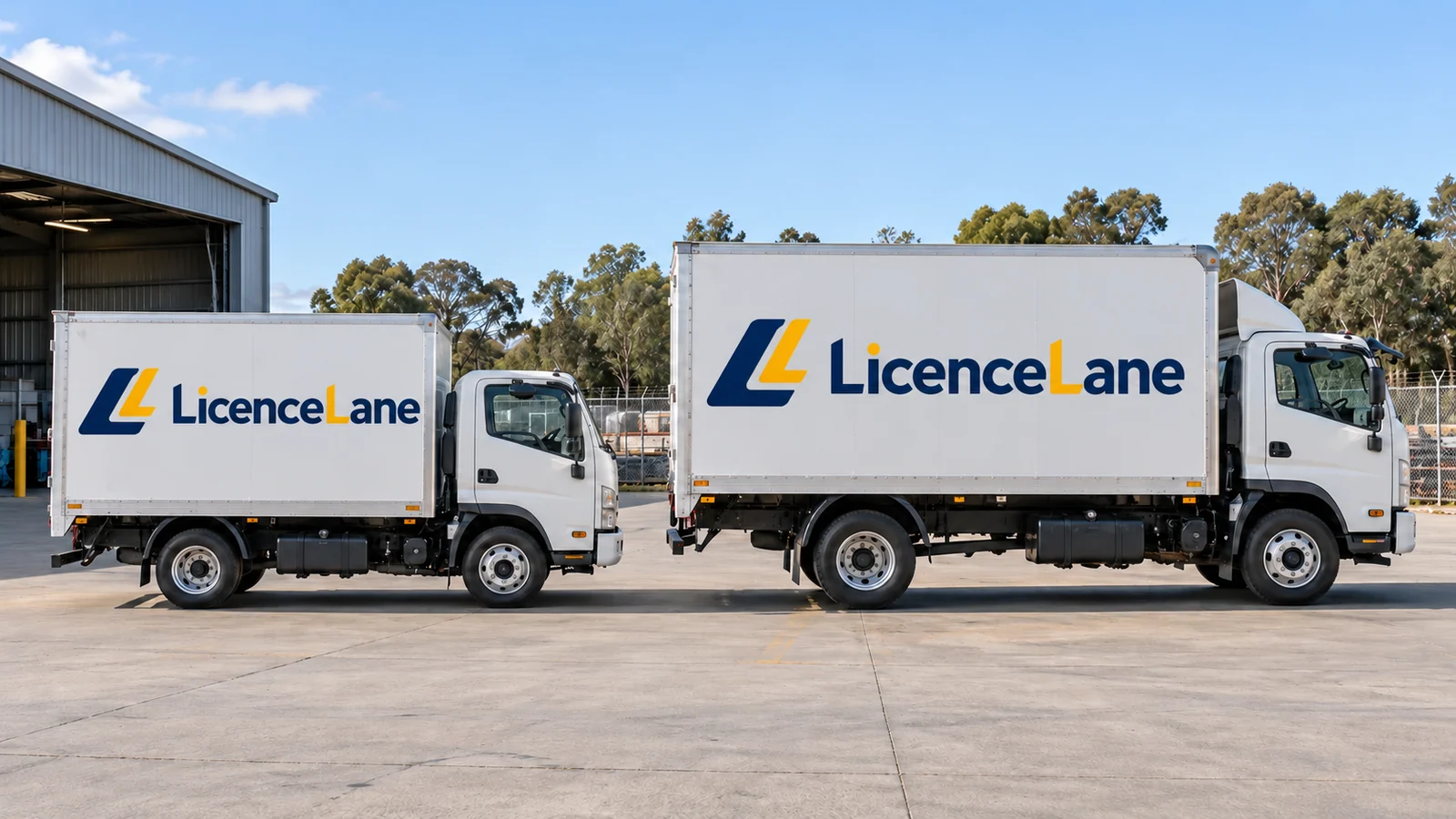 Two white rigid trucks of different sizes, both carrying LicenceLane logos, parked in a depot.