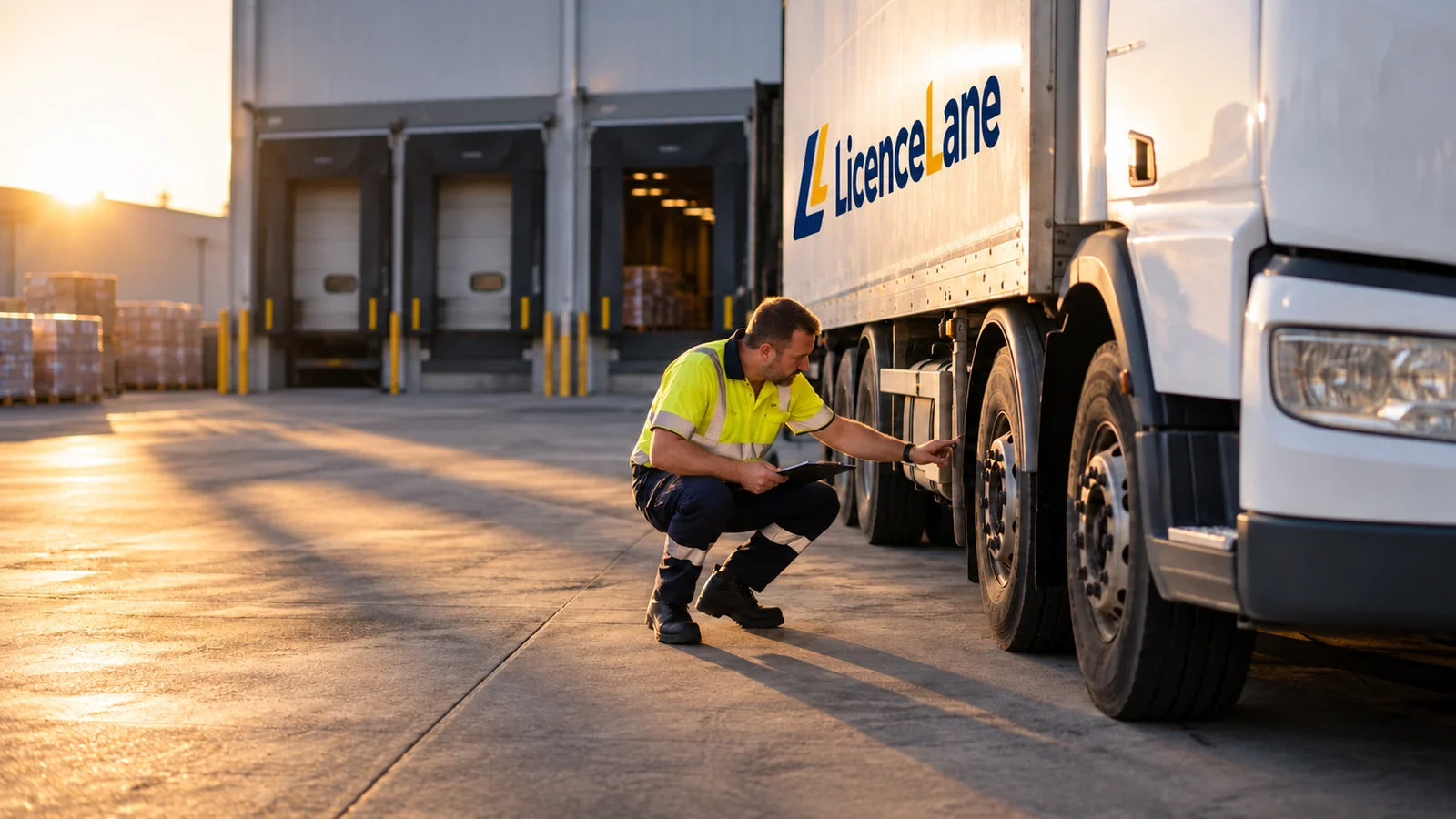 A worker inspects a tyre on a stationary truck carrying the LicenceLane logo.