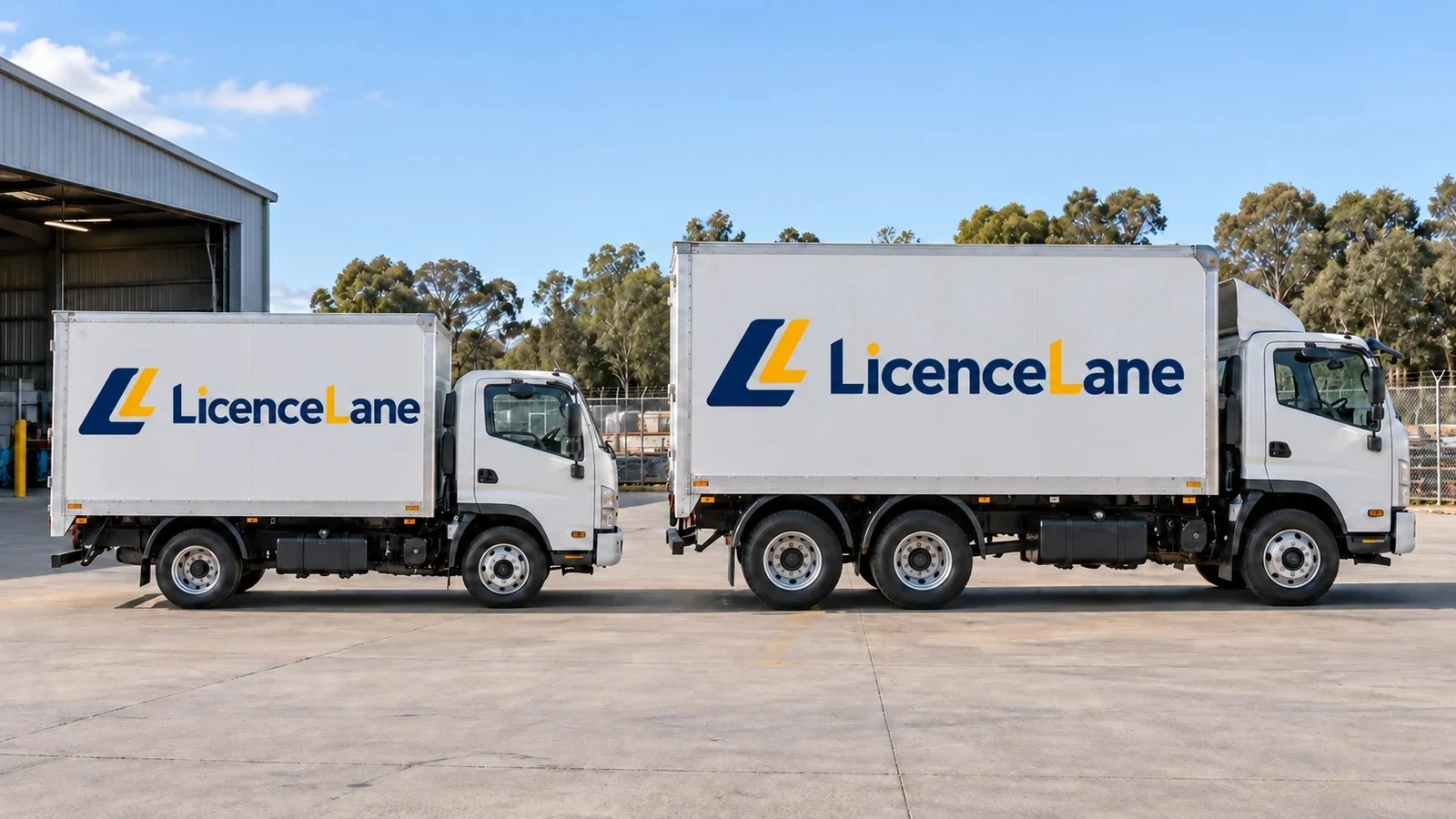 A two-axle rigid truck parked behind a larger three-axle rigid truck, both with LicenceLane branding, in a depot yard.