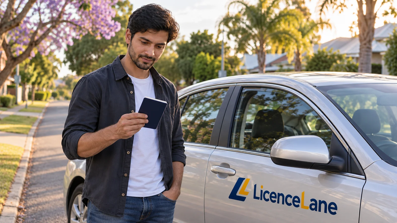 A man holds a plain notebook beside a parked silver car with LicenceLane branding.