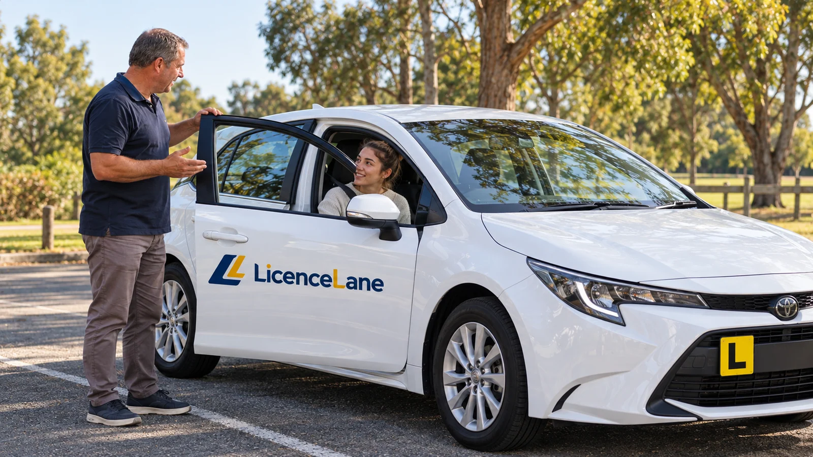 A learner sits in a parked right-hand-drive car while an instructor stands beside the open driver door.