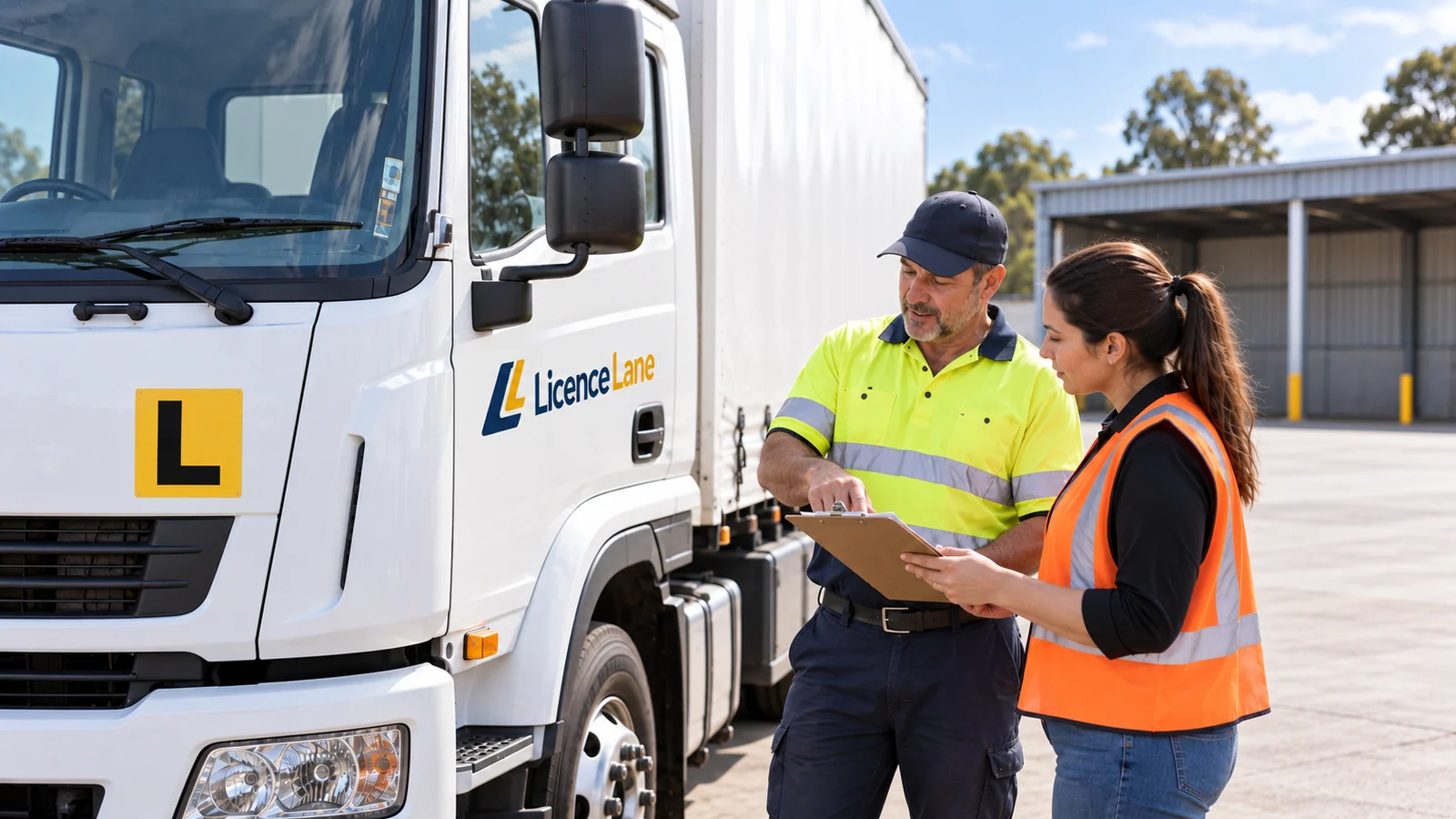 Two people in high-visibility clothing review a clipboard beside a LicenceLane-branded truck.
