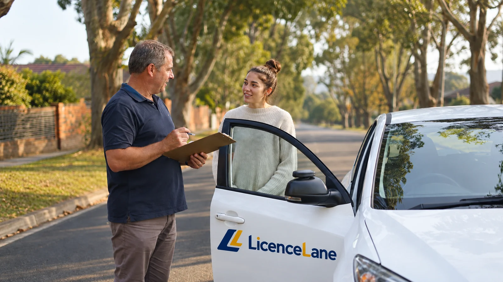 An instructor and learner discuss a clipboard beside a parked car with a LicenceLane logo on the door.