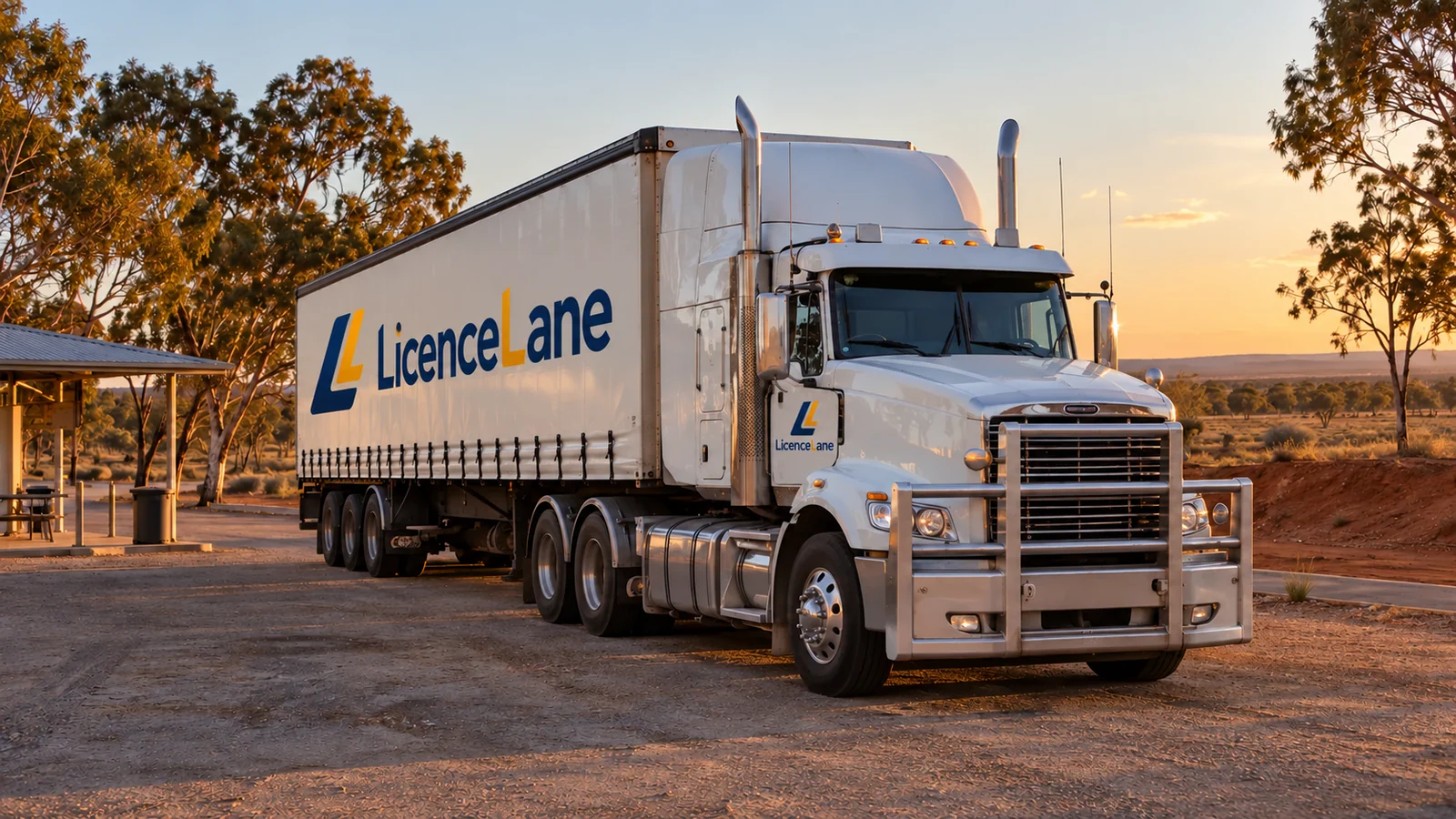 A prime mover coupled to one semi-trailer, both carrying LicenceLane branding, parked at a rural rest area.