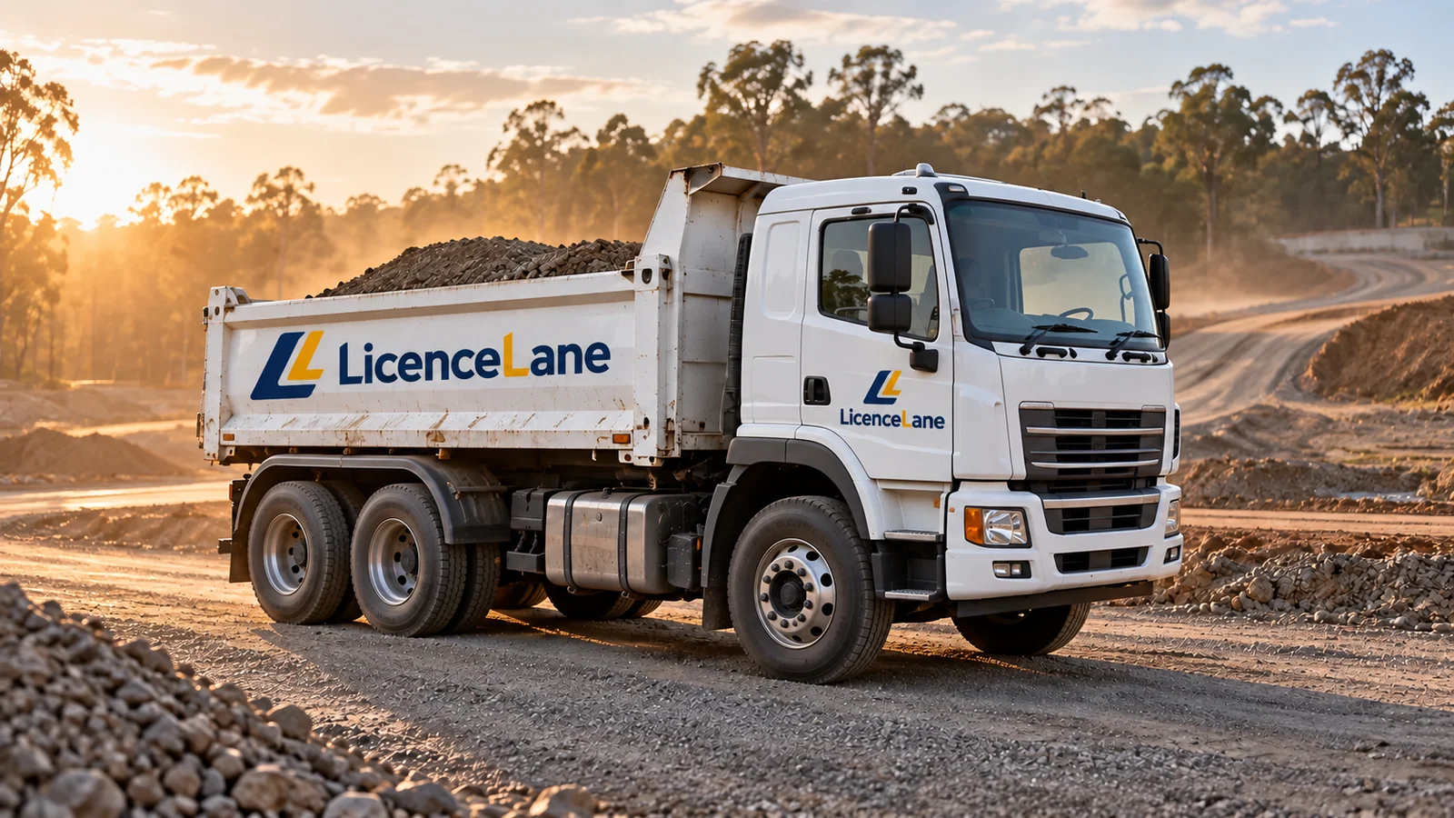 A three-axle tipper truck with LicenceLane logos is parked on a gravel construction site.