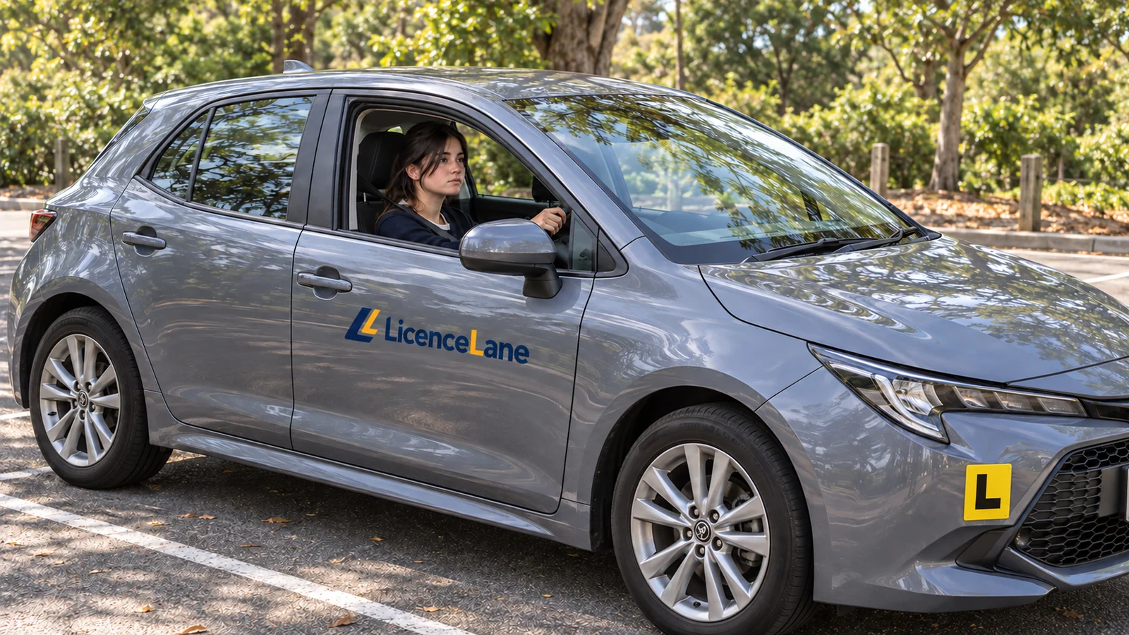 A learner sits thoughtfully in a parked grey car with a LicenceLane logo on its door.