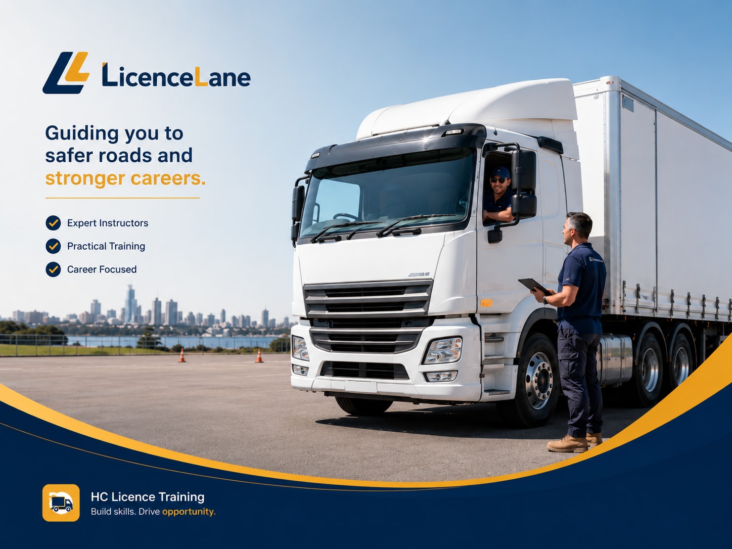 A LicenceLane instructor with a driver in a prime mover and semi-trailer combination