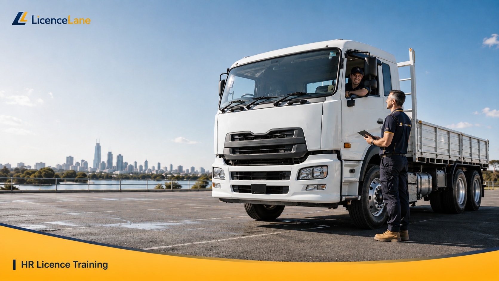 A LicenceLane instructor briefing a driver seated in a heavy rigid truck