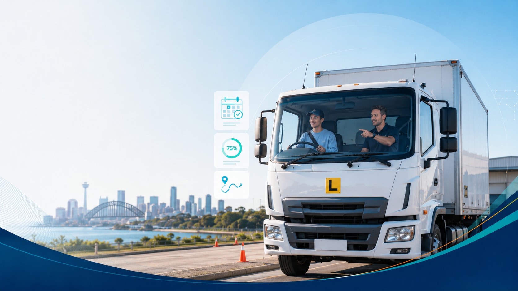 A learner driving an L-plated medium rigid box truck alongside a LicenceLane instructor