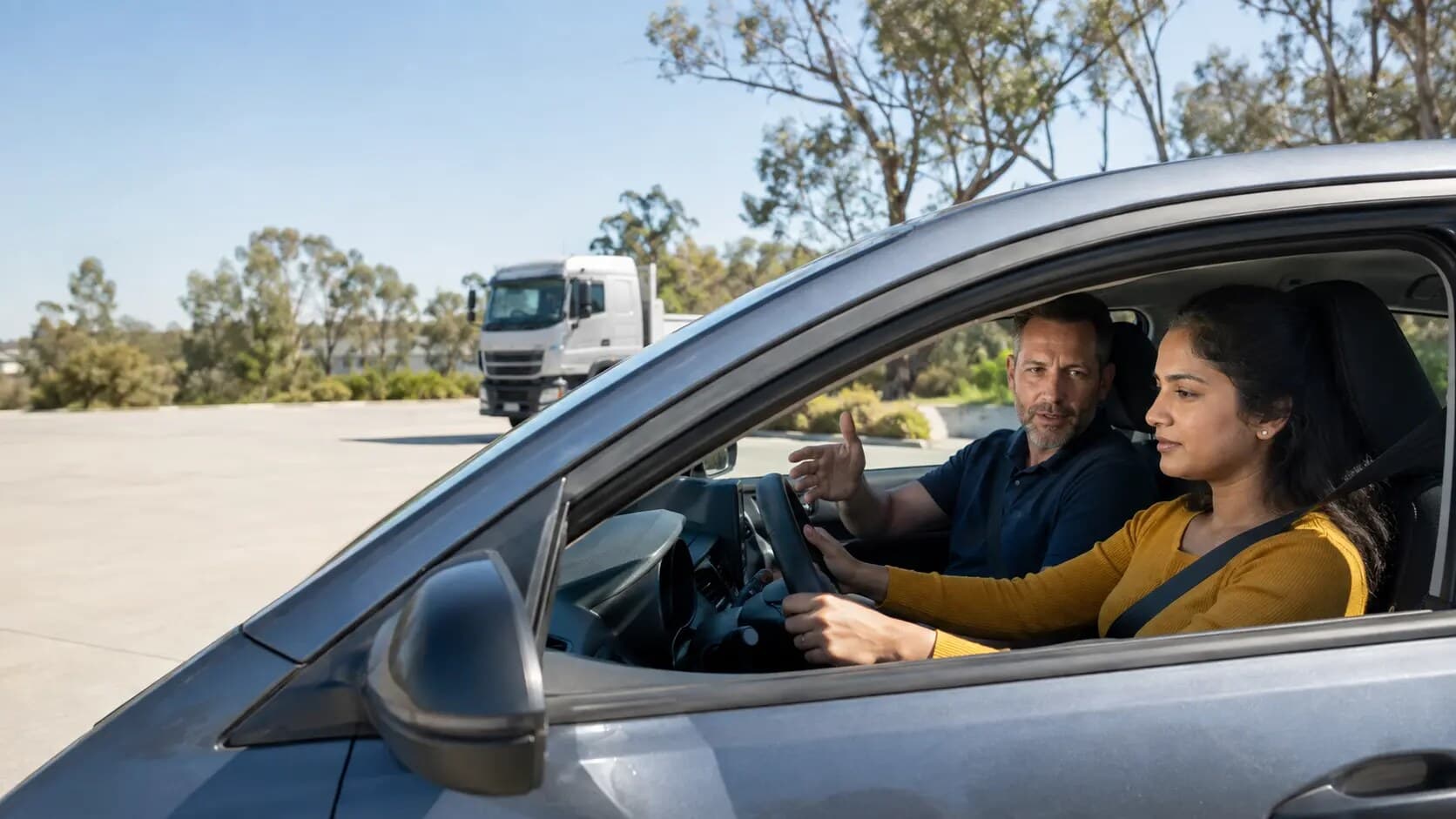 A driving instructor guiding a learner at the wheel of a car, with a truck parked in the background
